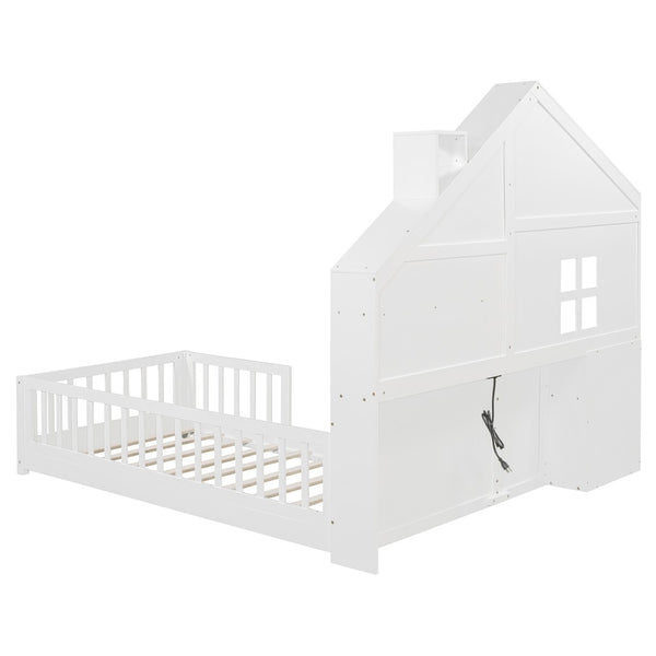 English Elm Twin House Bed Frame with Drawers Shelves and Usb Charging for Kids Bedroom LT000422AAK-1