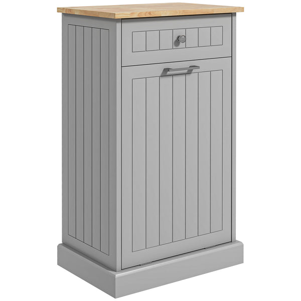 English Elm HOMCOM Tilt-Out Trash Cabinet with Drawer and Oak Top, Space-Saving Pet-Safe Kitchen Organizer W2225P200649
