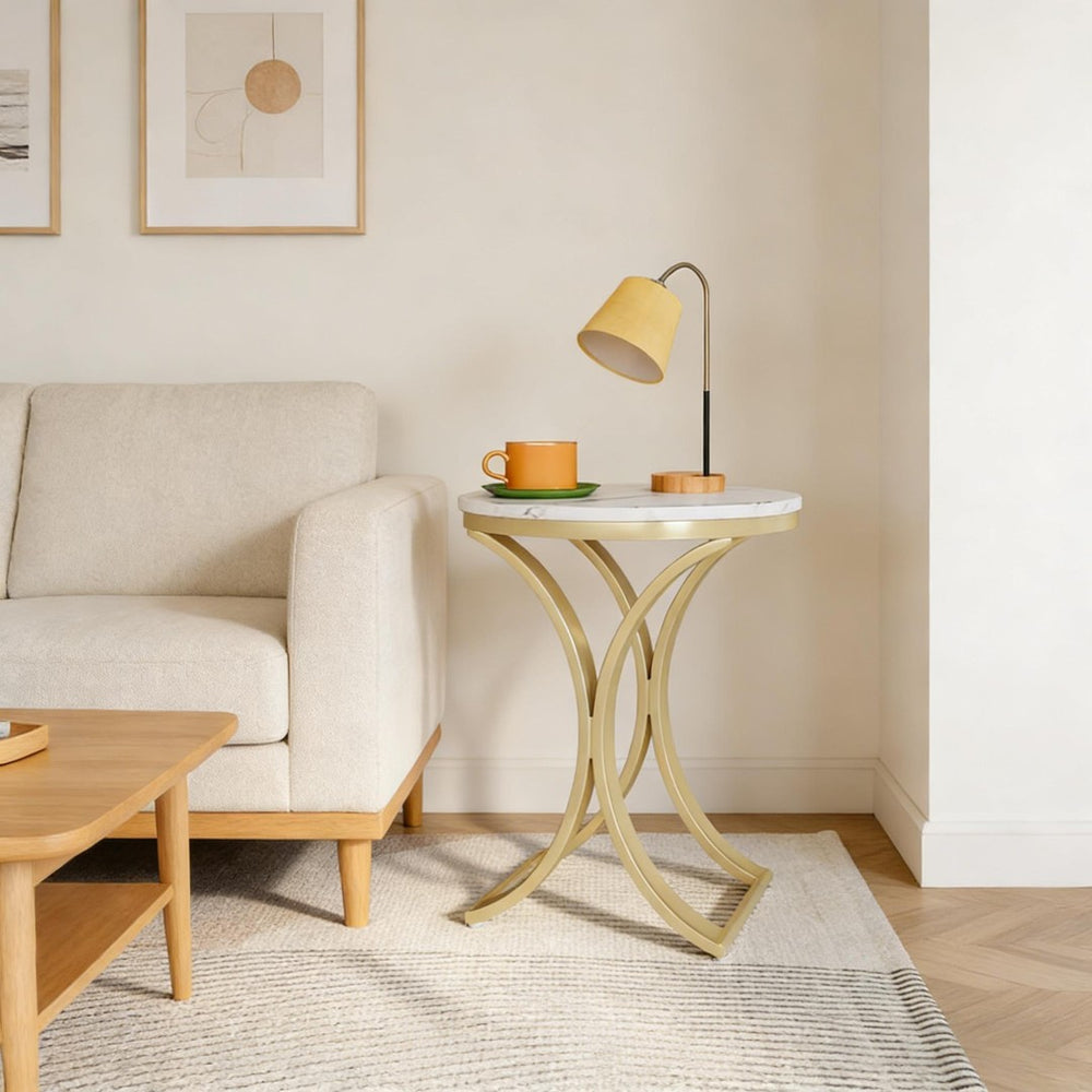 English Elm Chic Two-tier Round End Table with Metal Frame and Open Shelf for Living Room T3971P449094
