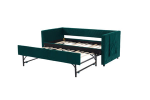 English Elm Twin Velvet Upholstered Daybed with Trundle, V-Pattern Backrest, USB Port, Side Pockets, Sturdy Design Emerald W1361S00043