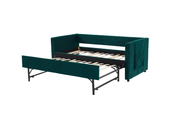English Elm Twin Velvet Upholstered Daybed with Trundle, V-Pattern Backrest, USB Port, Side Pockets, Sturdy Design Emerald W1361S00043