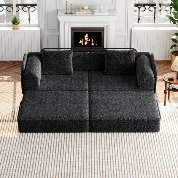 English Elm 72.4-inch Chenille Convertible Floor Sofa Bed with Storage Pockets and Modular Design W3505P355564