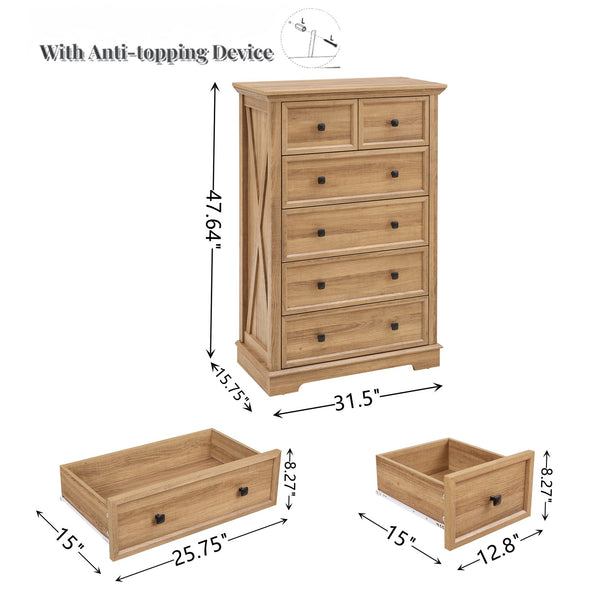 English Elm 6 Drawer Dresser Oak Finish Tall Chest with Silent Metal Rails, Modern Handles, Spacious Storage W2275P206605