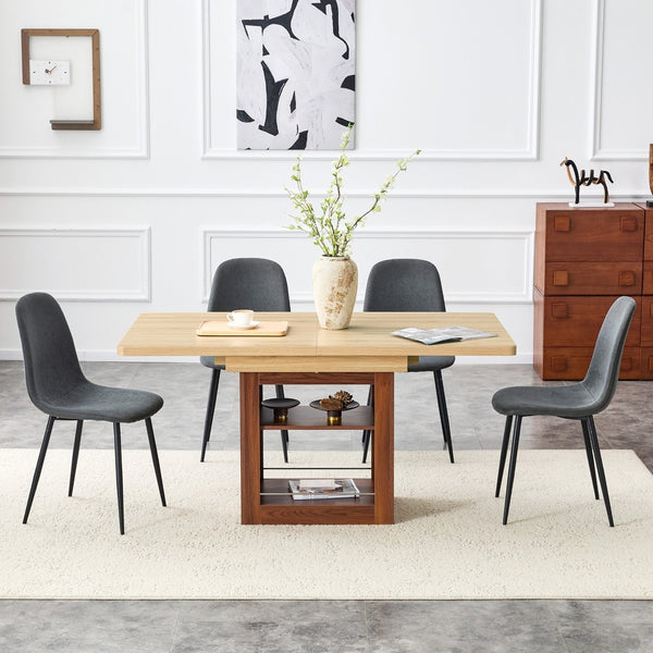 English Elm Expandable Walnut Dining Set with Four Linen Chairs Seats Six in Modern Style Black,Dark Gray,Walnut,Wood W1151S04672