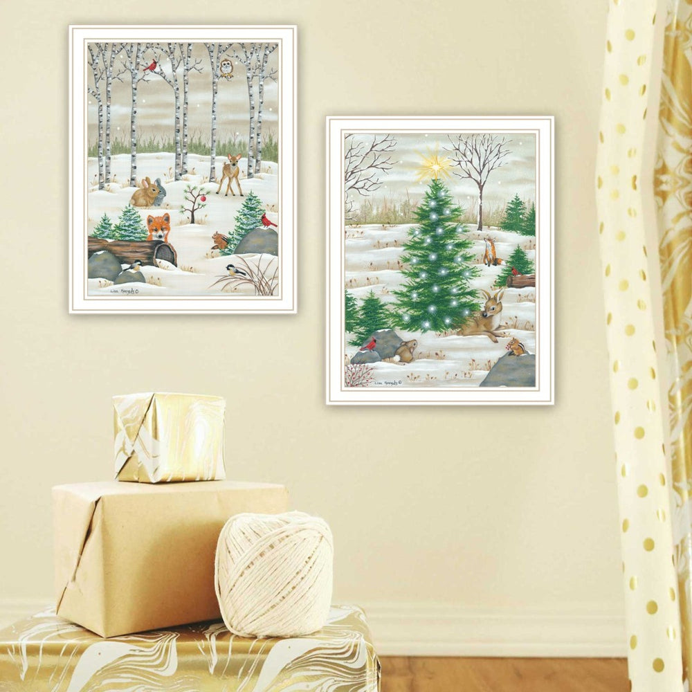 English Elm Trendy Woodland Holiday Critters 2 Piece White Framed Wall Art Set for Festive Rooms B067P255238