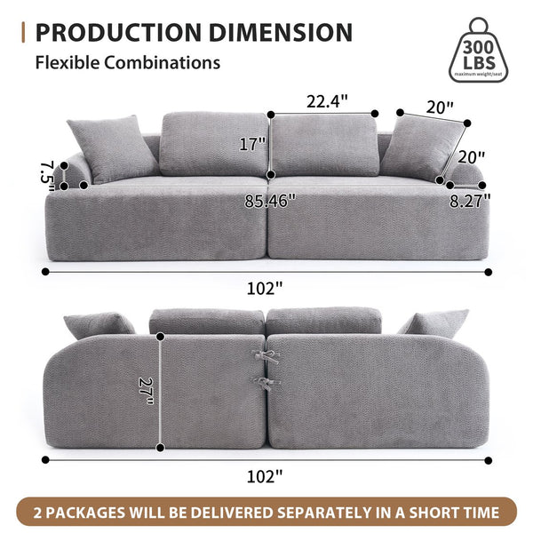 English Elm LY-024GY Plush 4-Seater Compression Sofa in Gray Crochet Yarn Fabric with 4 Pillows, Breathable Comfort 103" wide W2231S00017