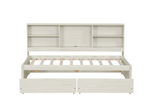 English Elm Twin Storage Bed with Bookcase Headboard Built-in Usb Charging and Two Drawers Creamy White W697S00037