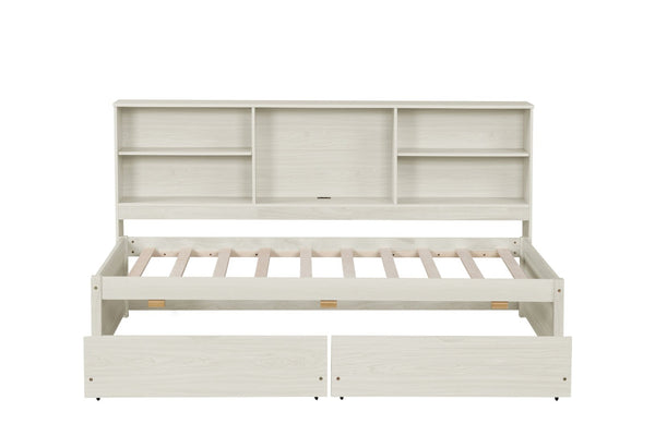 English Elm Twin Storage Bed with Bookcase Headboard Built-in Usb Charging and Two Drawers Creamy White W697S00037