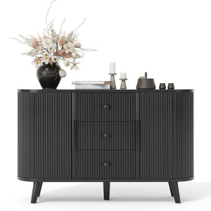 English Elm Sideboard Fluted Credenza with Three Drawers Two Doors Matte Black Modern Storage Black T3773P417309
