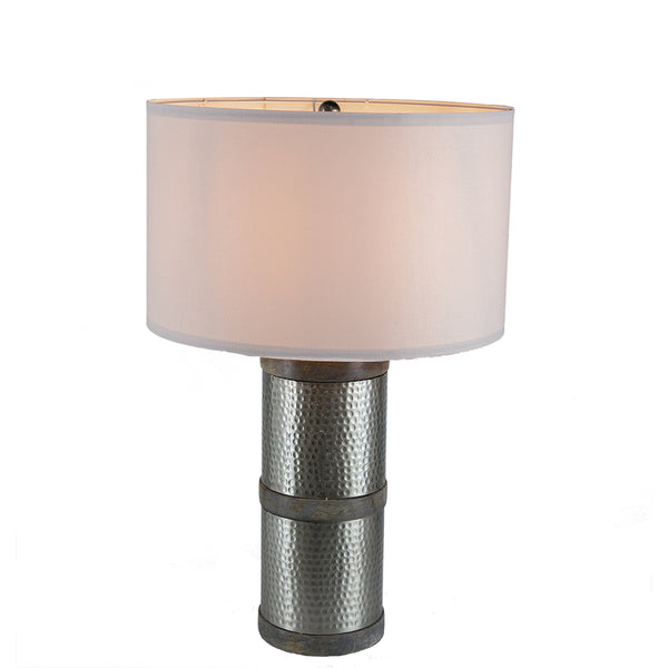 English Elm D16x24.4" Hammered Iron Table Lamp with Mango Wood Base, Gray-Silver Finish, Drum Shade Requires Assembly W2078P326339