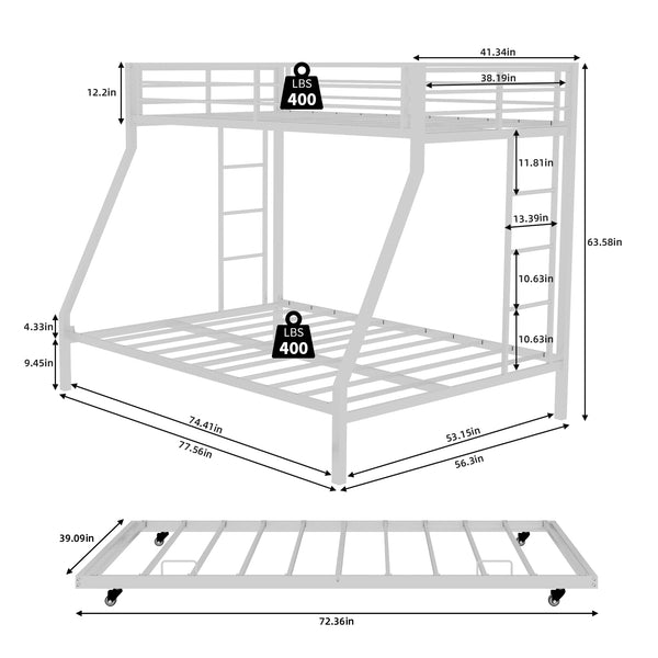 English Elm High Stability Square Tube Bunk Bed With Trundle & Ladder - Stylish Space-Saving Design For Homes W1935P360872