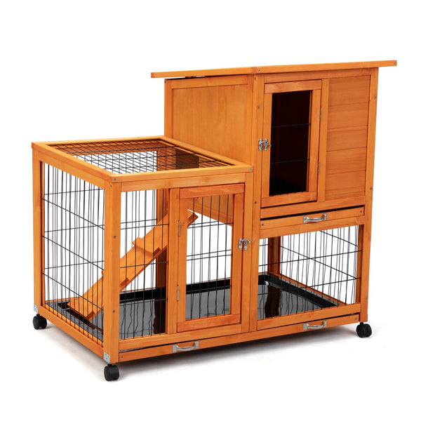 English Elm Detachable Two-tier Pine Rabbit Hutch with Rolling Casters and Removable Waste Trays Orange W2181P190616