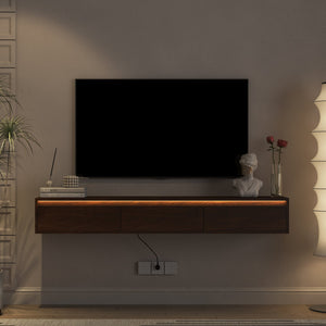 English Elm Floating TV Stand with LED Touch Light, Built-In Power & USB Ports, High-Gloss Wood TV Cabinet, Hidden Cord Management and Ample Storage for Living Room Entertainment W1321P272342