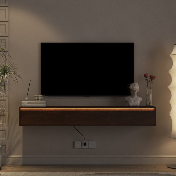 English Elm Floating TV Stand with LED Touch Light, Built-In Power & USB Ports, High-Gloss Wood TV Cabinet, Hidden Cord Management and Ample Storage for Living Room Entertainment W1321P272342