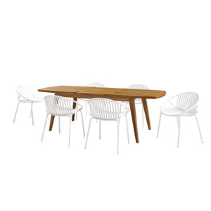 English Elm Christopher Knight Home® - 7 Expandable Outdoor Dining Set with Acacia Table & Stackable Chairs, Durable Metal Frame, Patio Teak,White N768P192555W_6_65428.00