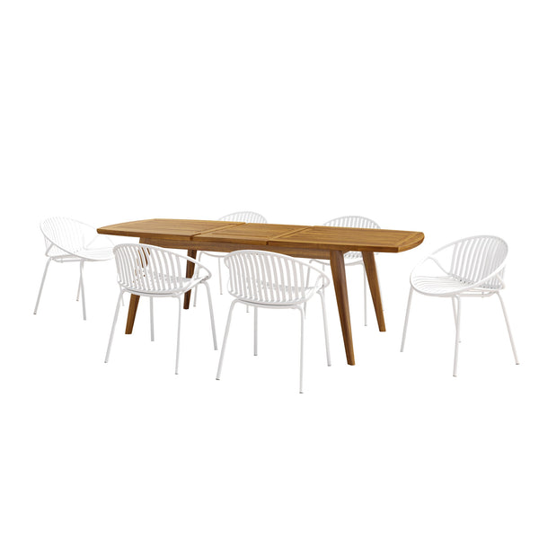 English Elm Christopher Knight Home® - 7 Expandable Outdoor Dining Set with Acacia Table & Stackable Chairs, Durable Metal Frame, Patio Teak,White N768P192555W_6_65428.00
