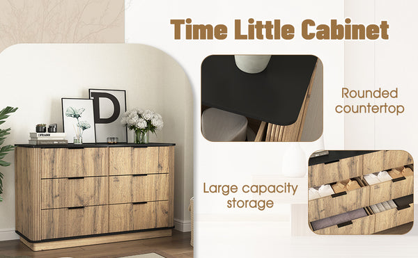 English Elm Modern Six-Drawer MDF Cabinet with Rounded Metal Corners, Smooth Glides & Sleek Minimalist Style Natural Wood W3226P279086
