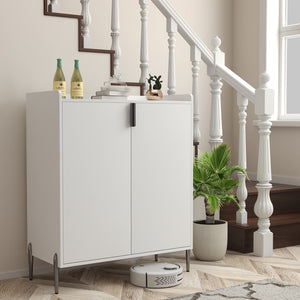 English Elm 2 Door Wine Bar Cabinet with 12-Bottle Rack, Soft-Close Hinges, Adjustable Shelf & Elevated Metal Legs White W2899P372844