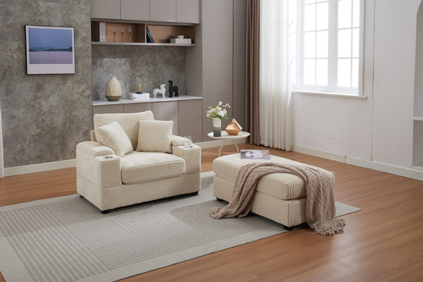 English Elm Corduroy Chaise Lounge Sofa With Movable Ottoman, Armrest Storage & Cupholders For Comfort W2120S00003-GIGA