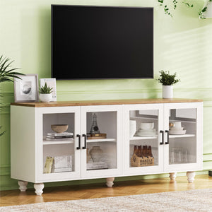 English Elm ON-TREND Farmhouse TV Stand 63" with Tempered Glass Doors, Adjustable Shelves, Solid Wood Legs, Elegant Storage White+Natural N721P206052K