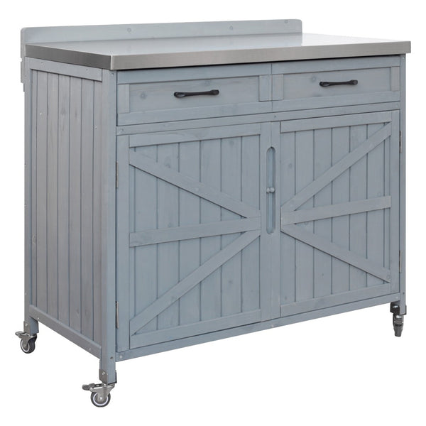English Elm K&k Outdoor Prep Station Stainless Steel Top Fir Wood Cabinet with Drawer and Wheels Grey+Blue N707P370273G