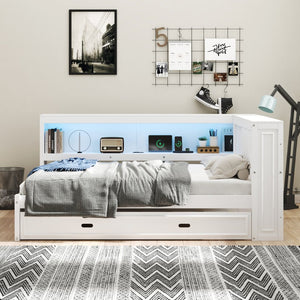 English Elm Full Pine Daybed with Trundle Sliding Storage Shelves Led Lighting and Usb Charging White GX004003AAK