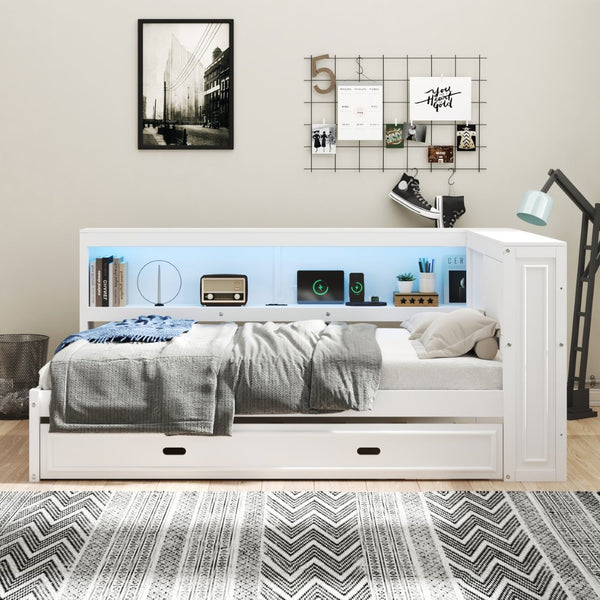English Elm Full Pine Daybed with Trundle Sliding Storage Shelves Led Lighting and Usb Charging White GX004003AAK