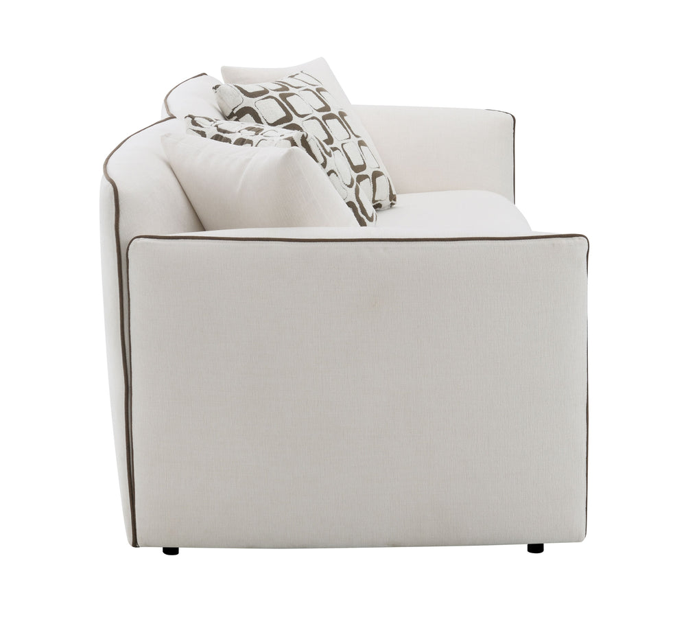 English Elm Yolanda Beige Chenille Sofa with 4 Pillows – 74" Wide Solid Pine Frame, Removable Covers, 660lb Capacity B2726P316905