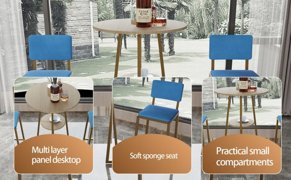 English Elm Bar Table and Chair Set Gold Frame Blue Velvet Cushions with Built-in Storage Shelf W3064P245389