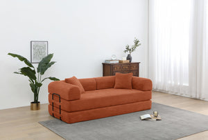 English Elm Convertible 3-Seat Sleeper Sofa Bed Corduroy Folding Floor Couch with Cylindrical Pillow, Plush Support Orange W3199P309397