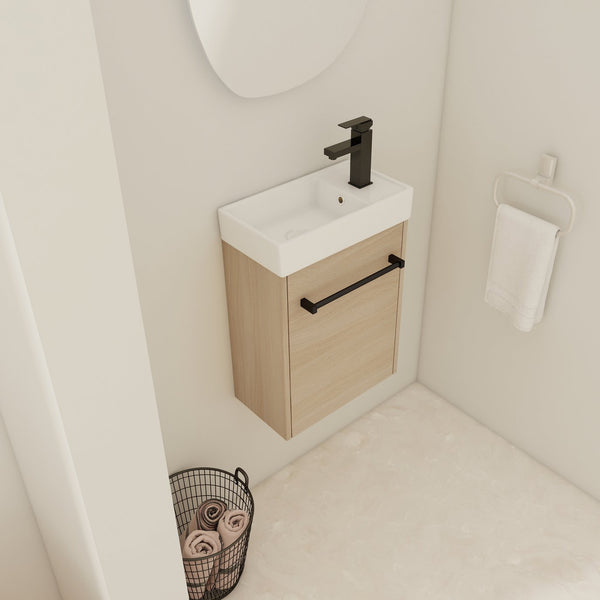 English Elm 16'' Floating Wall-Mounted Bathroom Vanity with Ceramic Basin, Soft-Close Door, Water-Resist Finish Light Oak W999P236336
