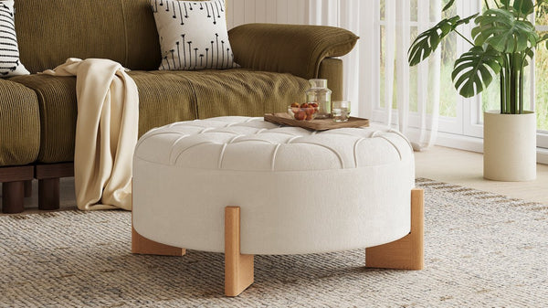 English Elm 32" Round Chenille Ottoman Tufted Footrest with Rubberwood Legs for Living Room Beige N723P405298A