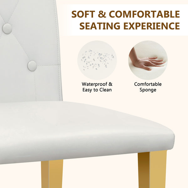 English Elm 4-pack PU dining chairs with ergonomic buckle backrest, high-density sponge seat, gold metal legs elegant luxury White+Gold W1151P295709