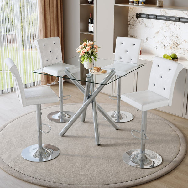 English Elm Modern Glass Top Pub Set with Swivel Pu Leather Stools Chrome Base Kitchen Bar W3875S00032