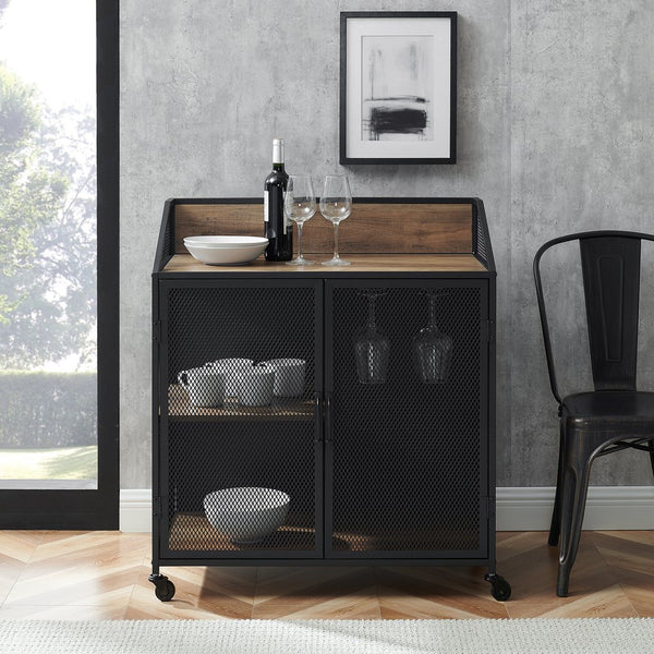 English Elm Walker Edison - Urban Industrial Mesh Door Tray-Top Bar Cabinet Rustic Oak Dark Brown w/ Stemware Rack & Locking Casters B185P244094