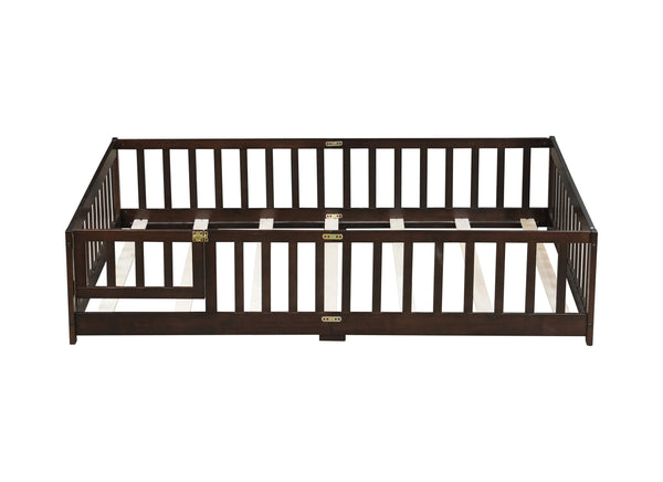 English Elm Full Size Floor Bed With Safety Fence & Door - Eco-Friendly Rubberwood Frame In Rich Espresso Finish W504P286381