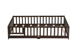 English Elm Full Size Rubberwood Floor Bed with Safety Guardrails and Latching Door for Toddlers Espresso W504P429302
