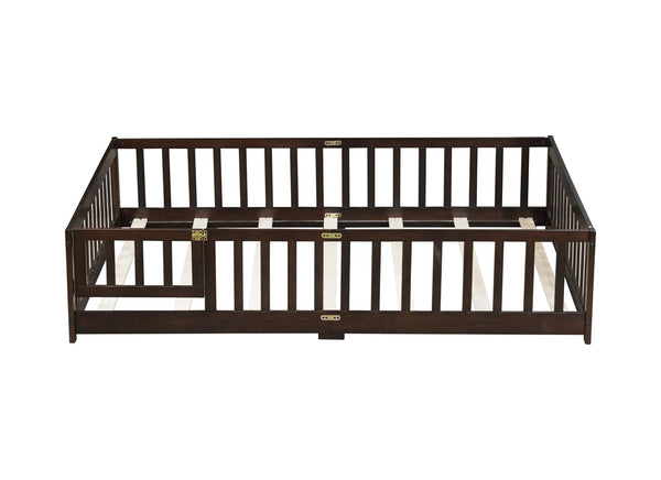 English Elm Full Size Rubberwood Floor Bed with Safety Guardrails and Latching Door for Toddlers Espresso W504P429302