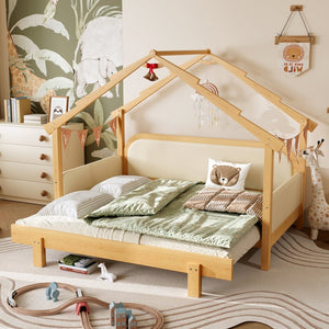 English Elm Twin Pine Treehouse Floor Bed with Padded Rails and Cabin Roofline for Kids White W1580S00383