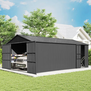 English Elm 12x15ft Outdoor Steel Carport Shed with Lockable Doors and Weather Resistant Frame W1859P382847