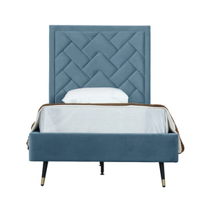 English Elm Crosby Twin Upholstered Velvet Bed with Chevron Stitched Headboard, Solid Slats, No Box Spring Needed Blue B365S00042