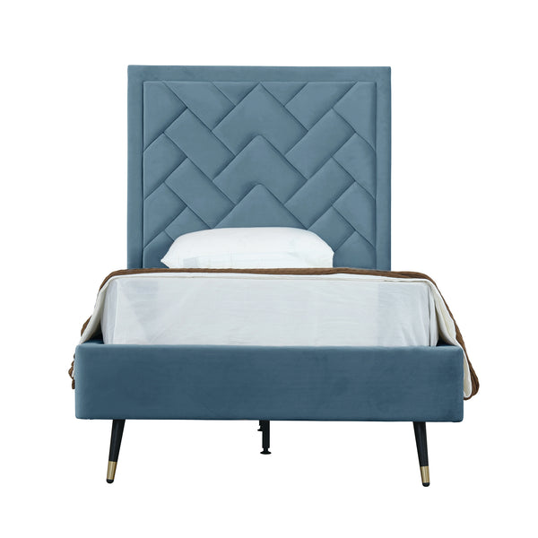 English Elm Crosby Twin Upholstered Velvet Bed with Chevron Stitched Headboard, Solid Slats, No Box Spring Needed Blue B365S00042