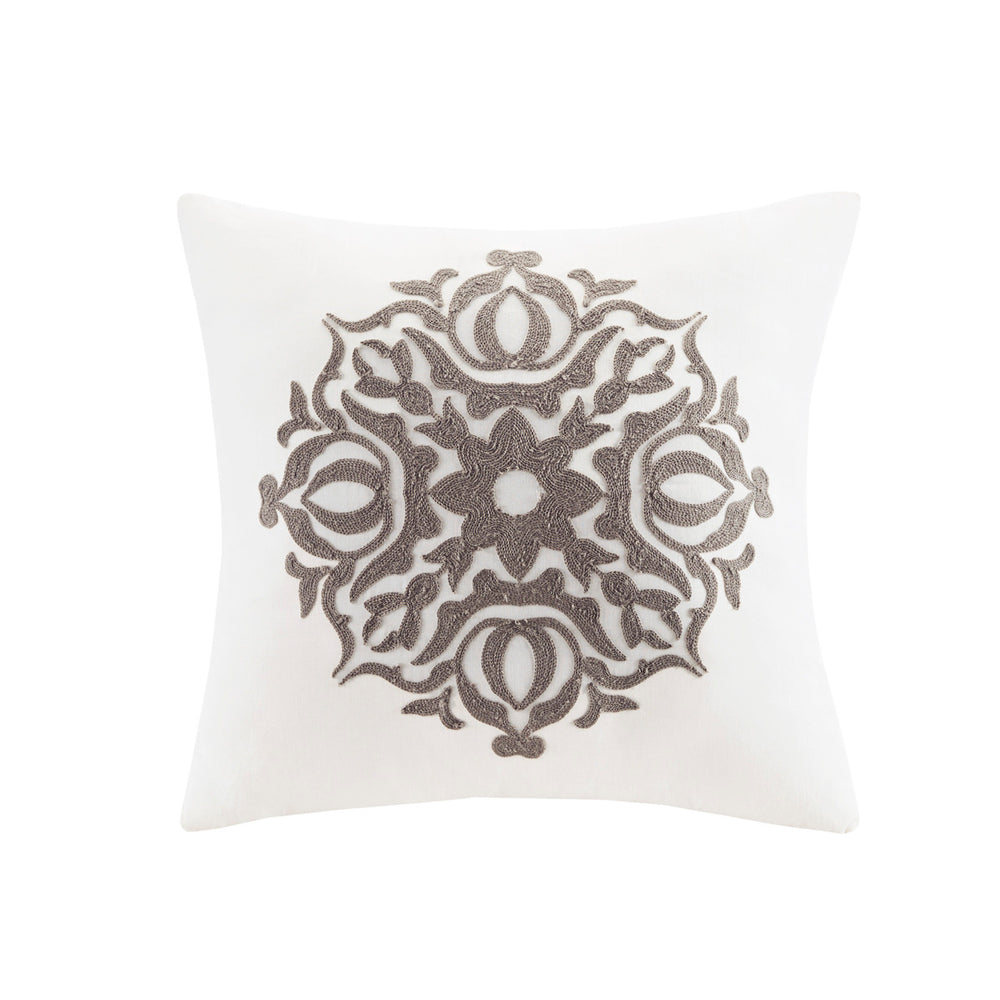 English Elm Full/Queen Malia 4-Piece Embroidered Cotton Reversible Duvet Cover Set — Shabby Chic Ivory Gray Medallion Elegance, Machine Washable, Button Closure B035129164