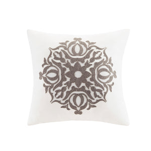 English Elm Full/Queen Malia 4-Piece Embroidered Cotton Reversible Duvet Cover Set — Shabby Chic Ivory Gray Medallion Elegance, Machine Washable, Button Closure B035129164