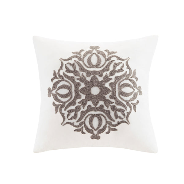 English Elm Full/Queen Malia 4-Piece Embroidered Cotton Reversible Duvet Cover Set — Shabby Chic Ivory Gray Medallion Elegance, Machine Washable, Button Closure B035129164