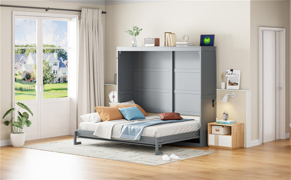 English Elm Full Size Murphy Wall Bed with Rattan Panel Cabinet for Studio and Guest Rooms Gray N708S00011E-1