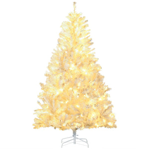 English Elm HOMCOM 6ft Prelit White Artificial Christmas Tree with 638-859 Branches, 220-250 Warm White LEDs, Auto-Open, Flame-Retardant Décor W2225P217081