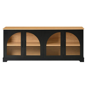 English Elm Farmhouse Media Console with Arched Glass Doors Wood Grain Two Tone Living Room Storage Black N721P411204B