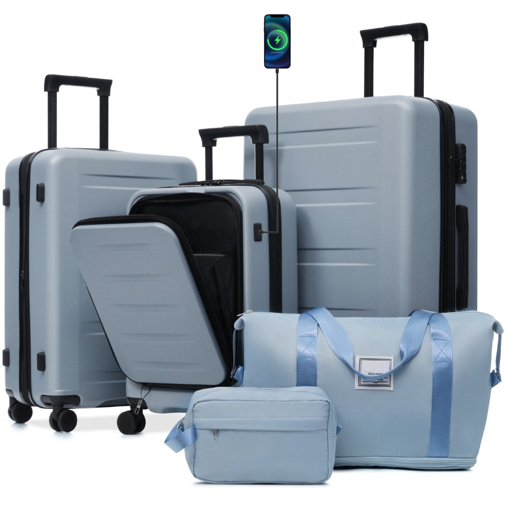English Elm Luggage 5 Piece Hardside Abs Set with Front Access Carry on and Tsa Spinner Wheels Blue N732P391544C