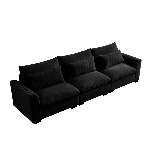 English Elm 3 Seater Deep Seat Corduroy Sofa - Wide, Ultra-Comfortable Modular Couch with 3 Waist Pillows, Black W714S00849